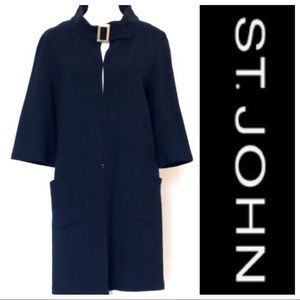 St. John Collection Knit Topper Jacket Navy Blue with Gold Buckle Closure Size 8
